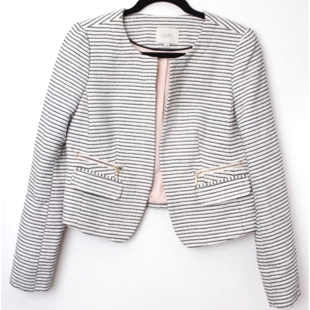 LOFT Textured Striped Cropped Blazer Gold Zippers